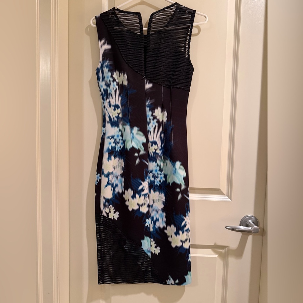 Elie Tahari Black and Blue Floral Midi Dress